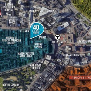 Map of Beacon Hill, in Boston MA. The map points out how close Maverick's Suite's 40 Temple St location is to the North End, Financial District and Mass General Hospital.