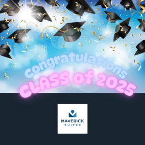 Graduation caps tossed in the air against a bright sky, with the words “Congratulations Class of 2025” overlaying the image.