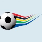A soccer ball on a blue background with a colored train behind it
